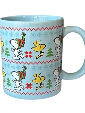 Holiday Snoopy & Woodstock Light Blue knit Pattern Ceramic Mug